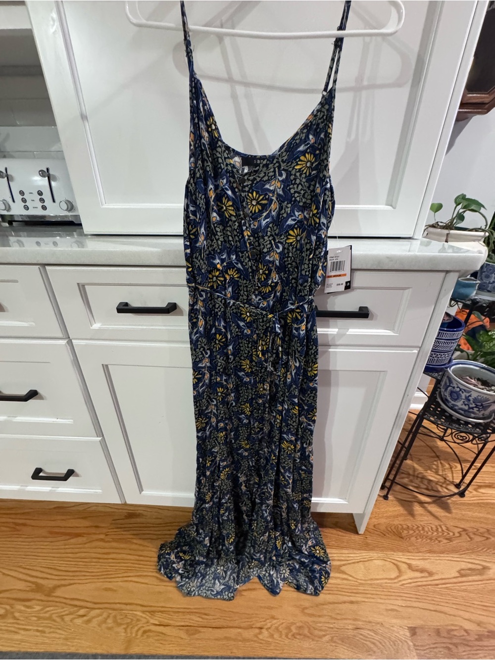 Signature by Sangria Navy Floral Spaghetti-Strap Maxi Dress with Yellow Accents